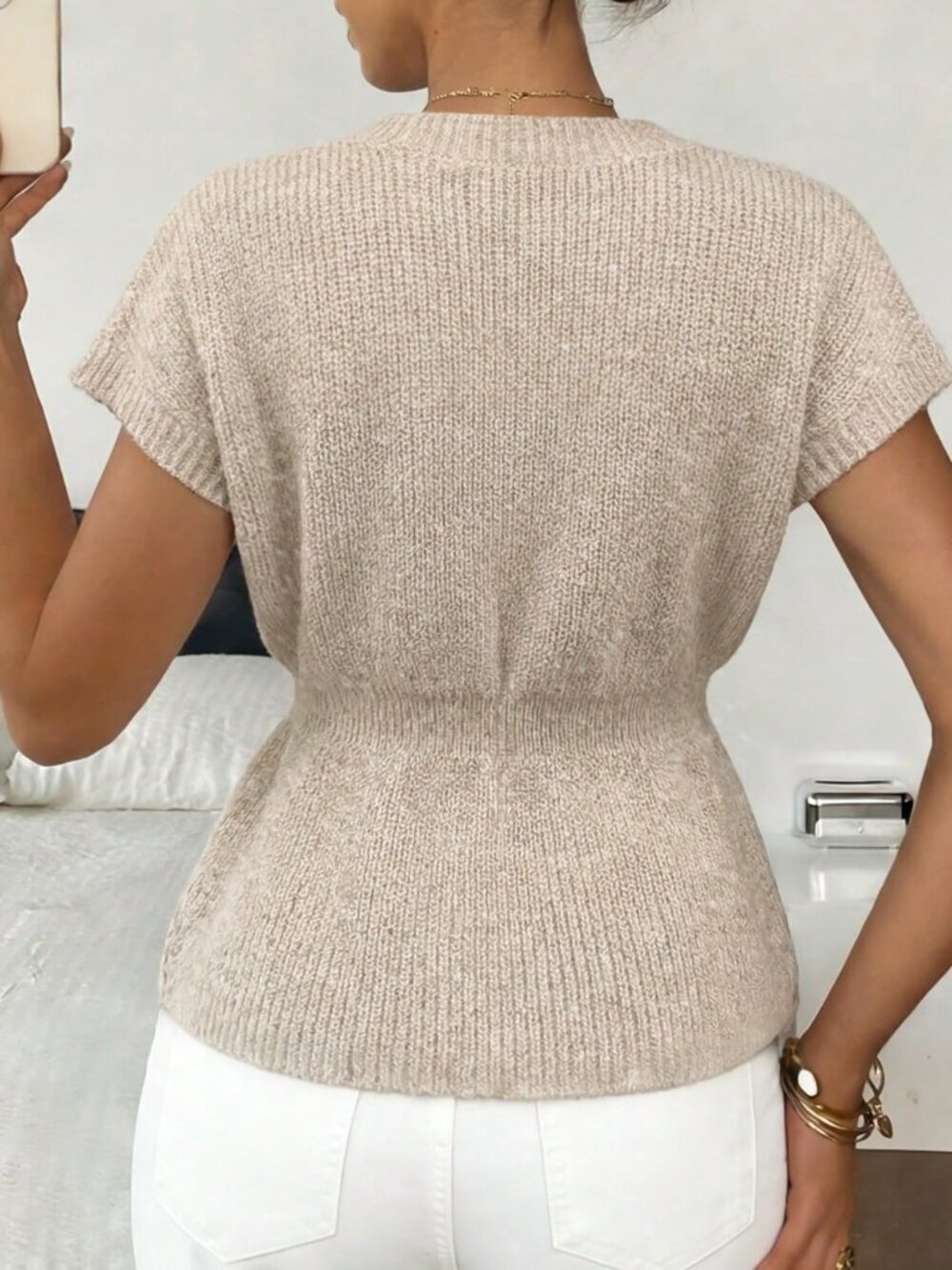 Apricot Casual Women's V-Neck Short Sleeve Button Shirt - Picture 2 of 7